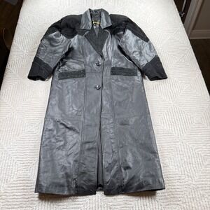 VTG 80s Fitz Wright Leather Trench Coat Women S Black Western Paisley Goth Biker